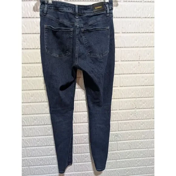 Express Women's Blue Dark-Wash Distressed Skinny Mid-Rise Denim Jeans Size 6L - Picture 4 of 6